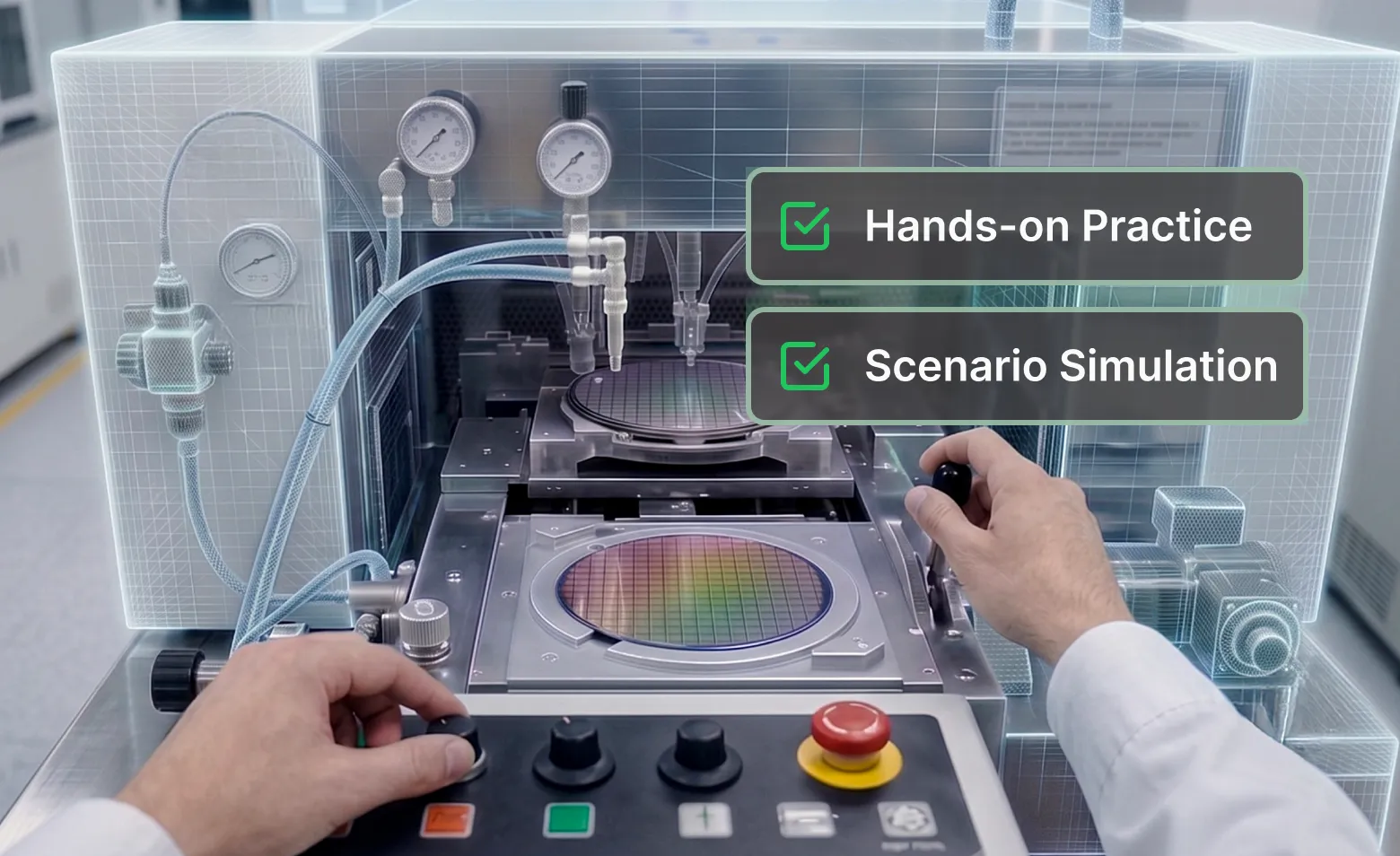 A close-up shot of hands operating a wafer tray on a piece of semiconductor equipment.